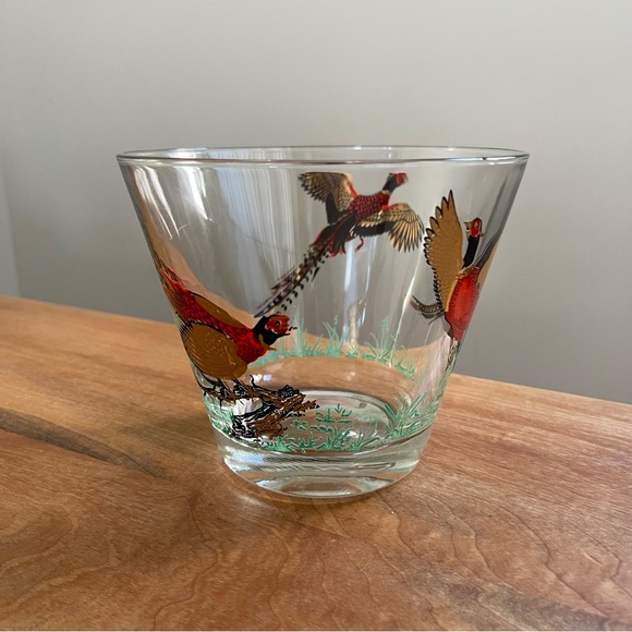 Vintage MCM Hazel Atlas Federal Glass Pheasant Ice Bucket Bird Gold Bar Cocktail - Picture 3 of 9